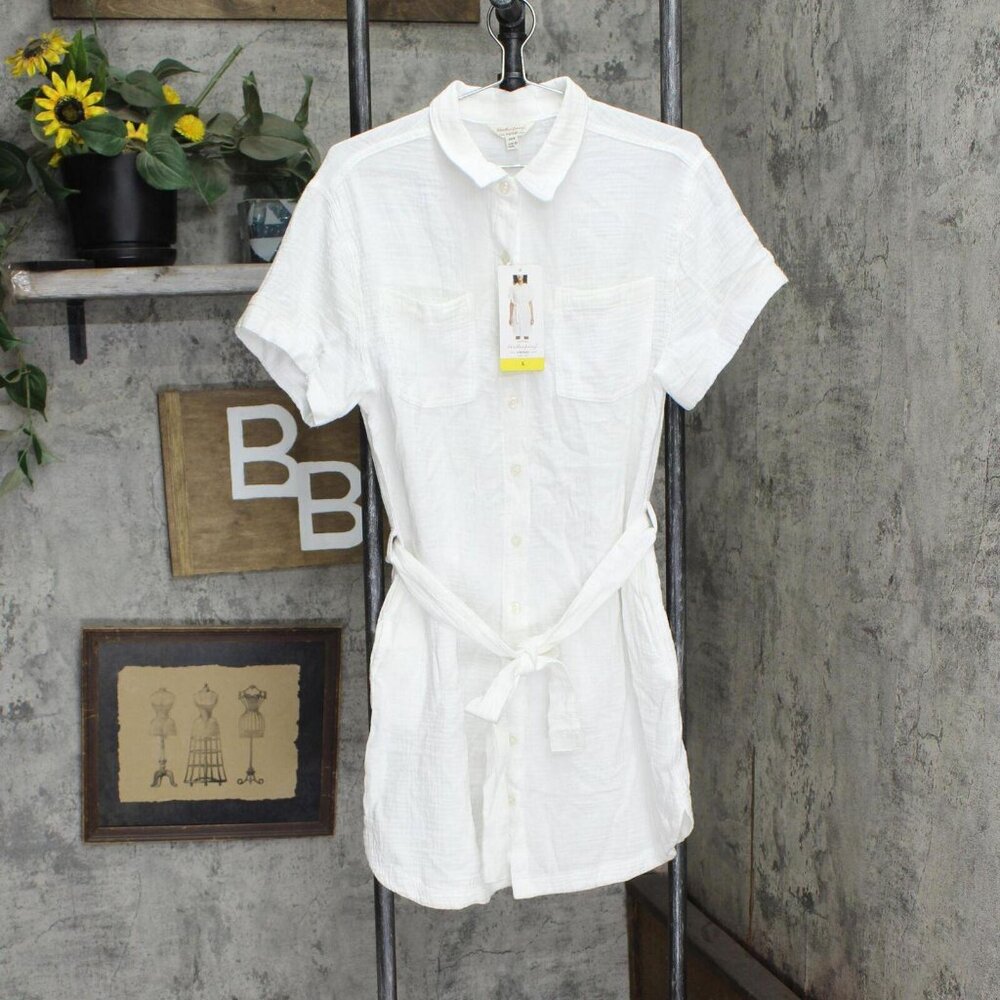 NWT Weatherproof Womens Button Up Gauze Belted Knee Length Dress 1748767 M White